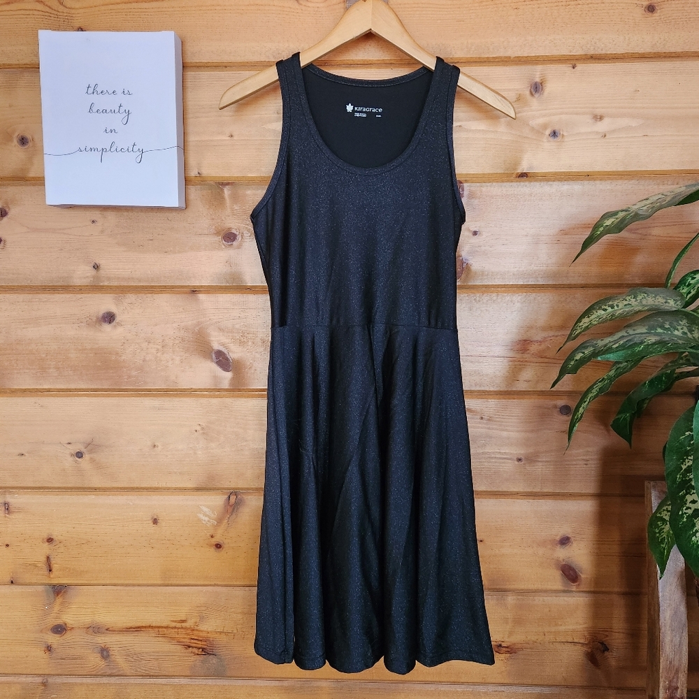 KiraGrace Fit Flare Skater Dress Black‎ Silver Glitter Shimmer Yoga Stretch Sz S
